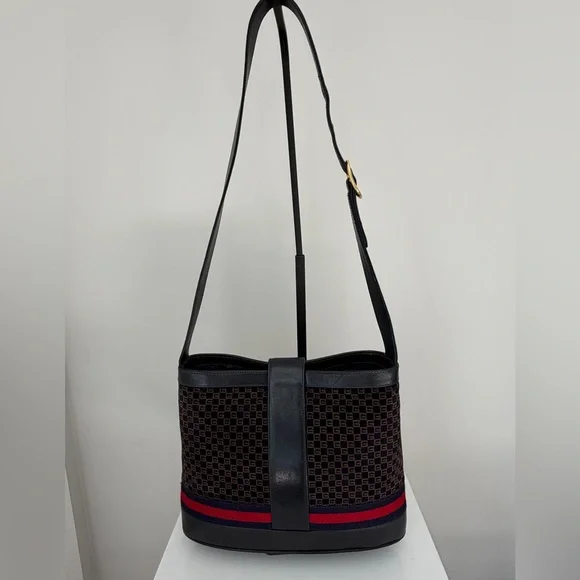 Gucci Navy Suede GG Monogram Web Stripe Shoulder Bag - Vintage - Picture 3 of 11